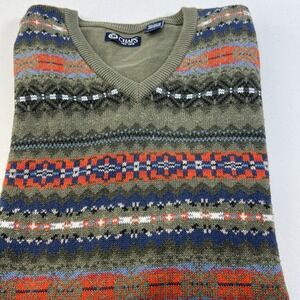 Chaps Mens Fair Isle Nordic Sweater Vest V-Neck 100% Cotton Preppy Green Size XL